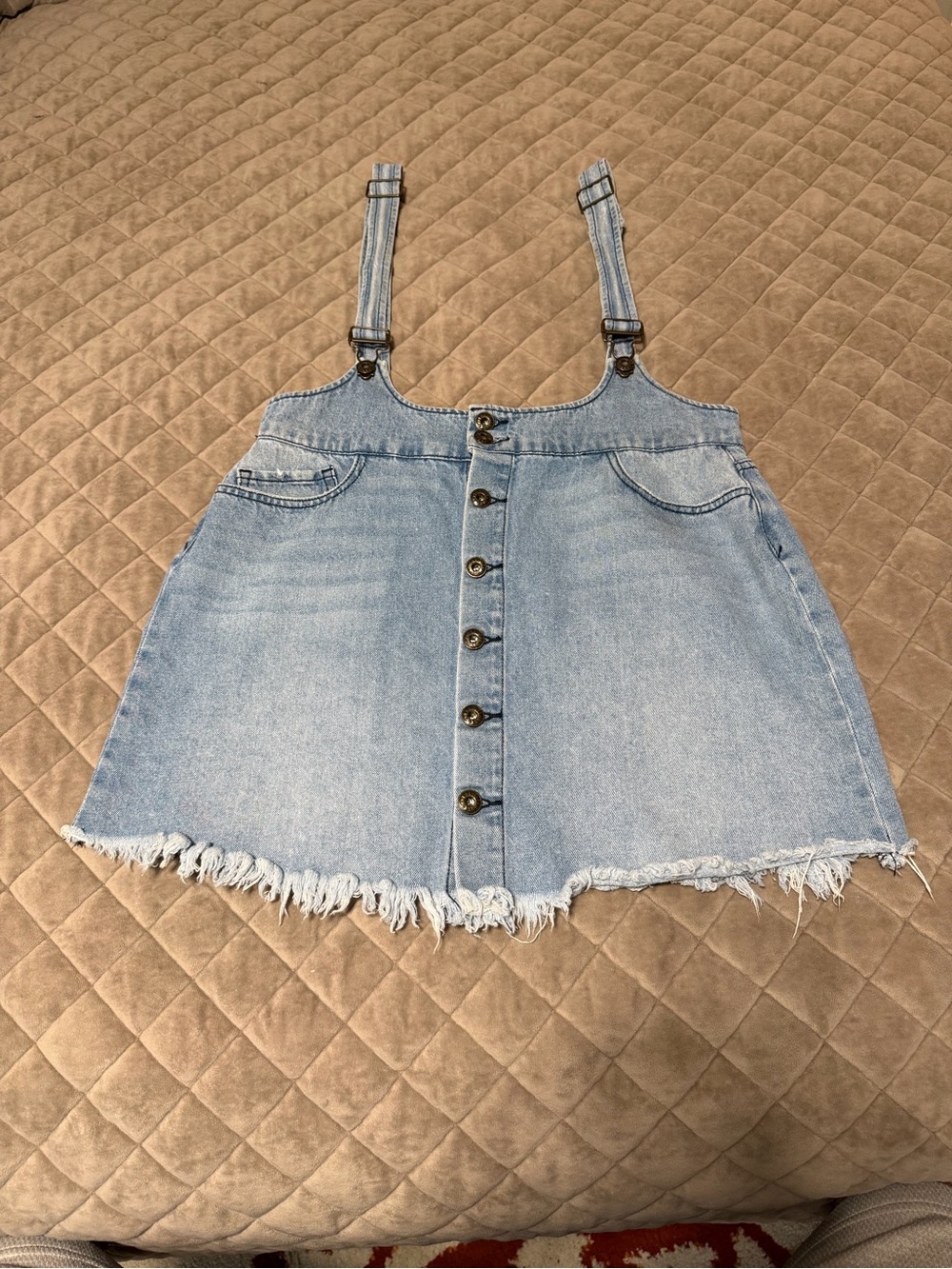 Sneak Peek Button-Front Denim Pinafore Dress Raw Hem